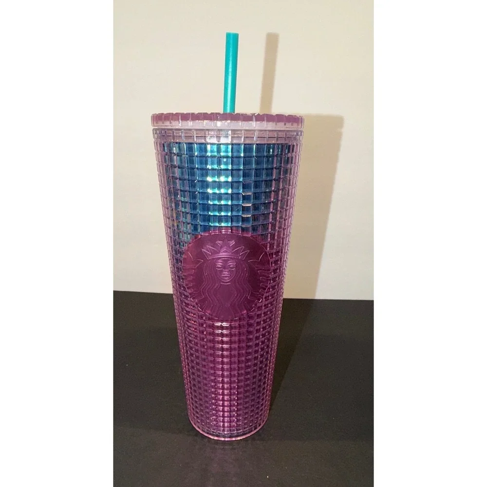 Starbucks Summer Venti‎ 24oz Pink Blue Grid Studded Cold Cup Tumbler Teal Straw
